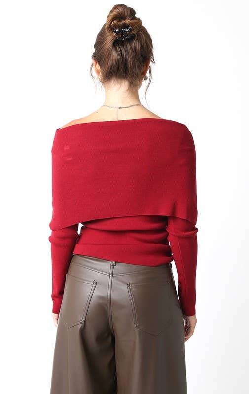 Burgundy Knit Wide Off Shoulder Top