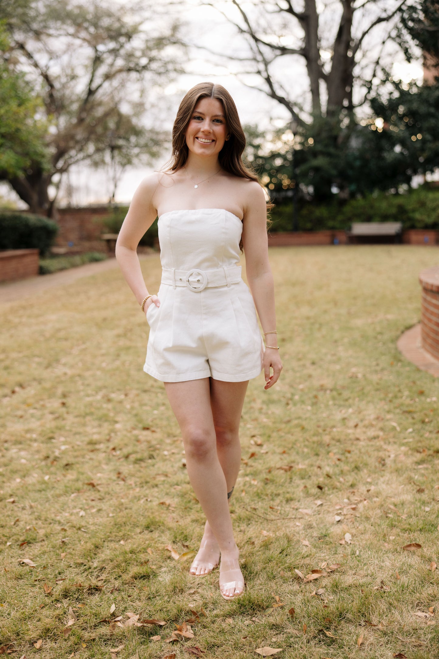 The Belted White Denim Romper