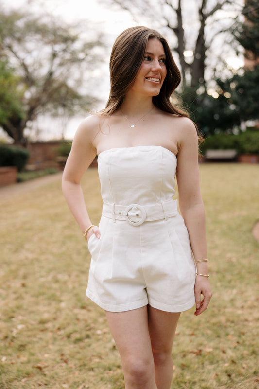The Belted White Denim Romper