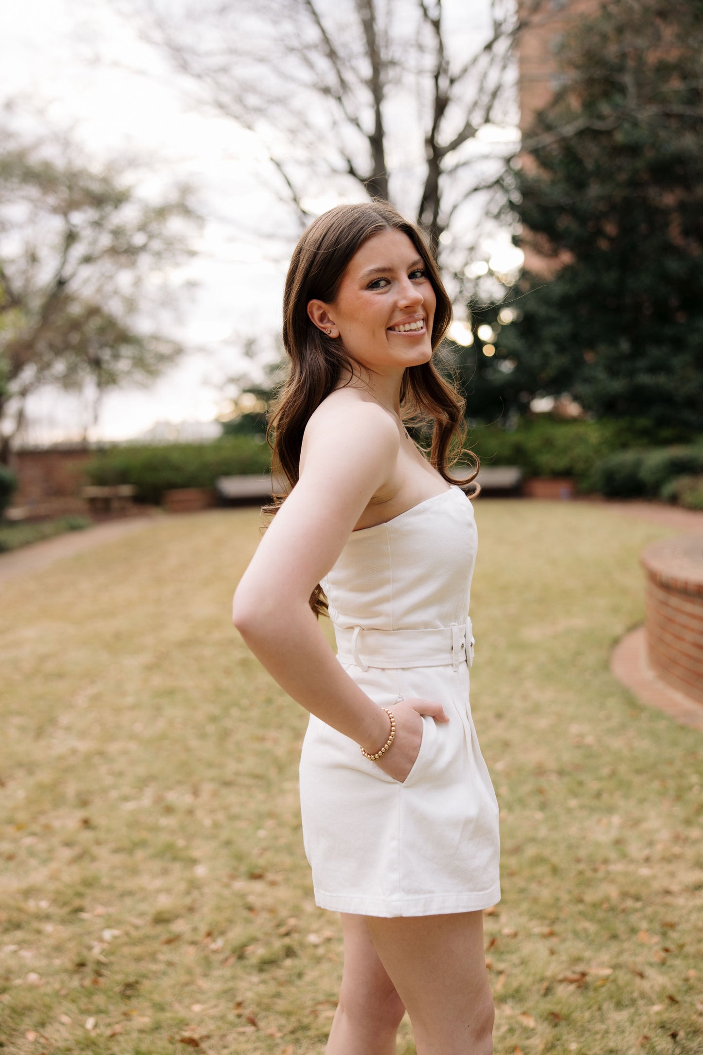 The Belted White Denim Romper