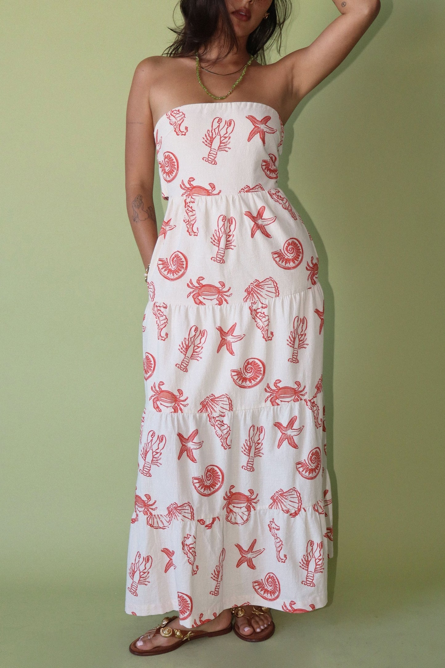 Saltwater Sketch Strapless Maxi Dress- Red