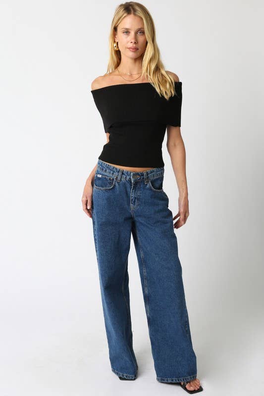 Black Off Shoulder Ribbed Top