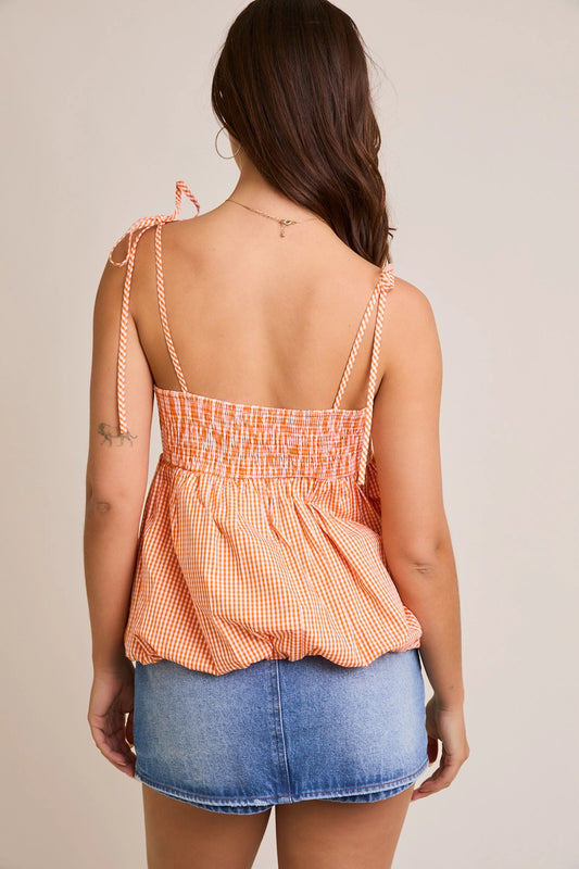 Gameday Gingham Bubble Hem Top- Orange