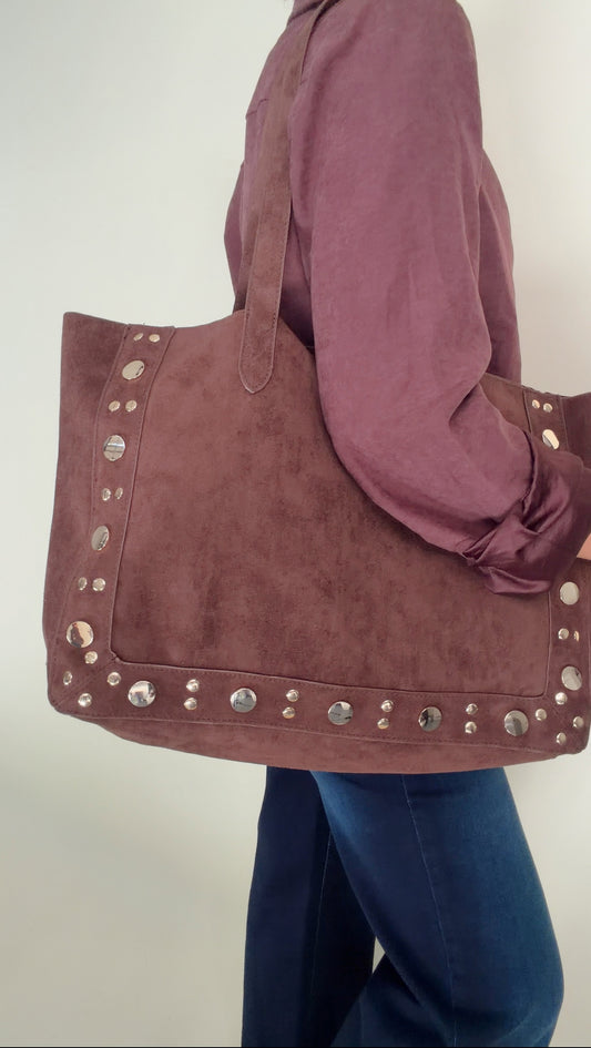 Studded Suede Tote- Chocolate