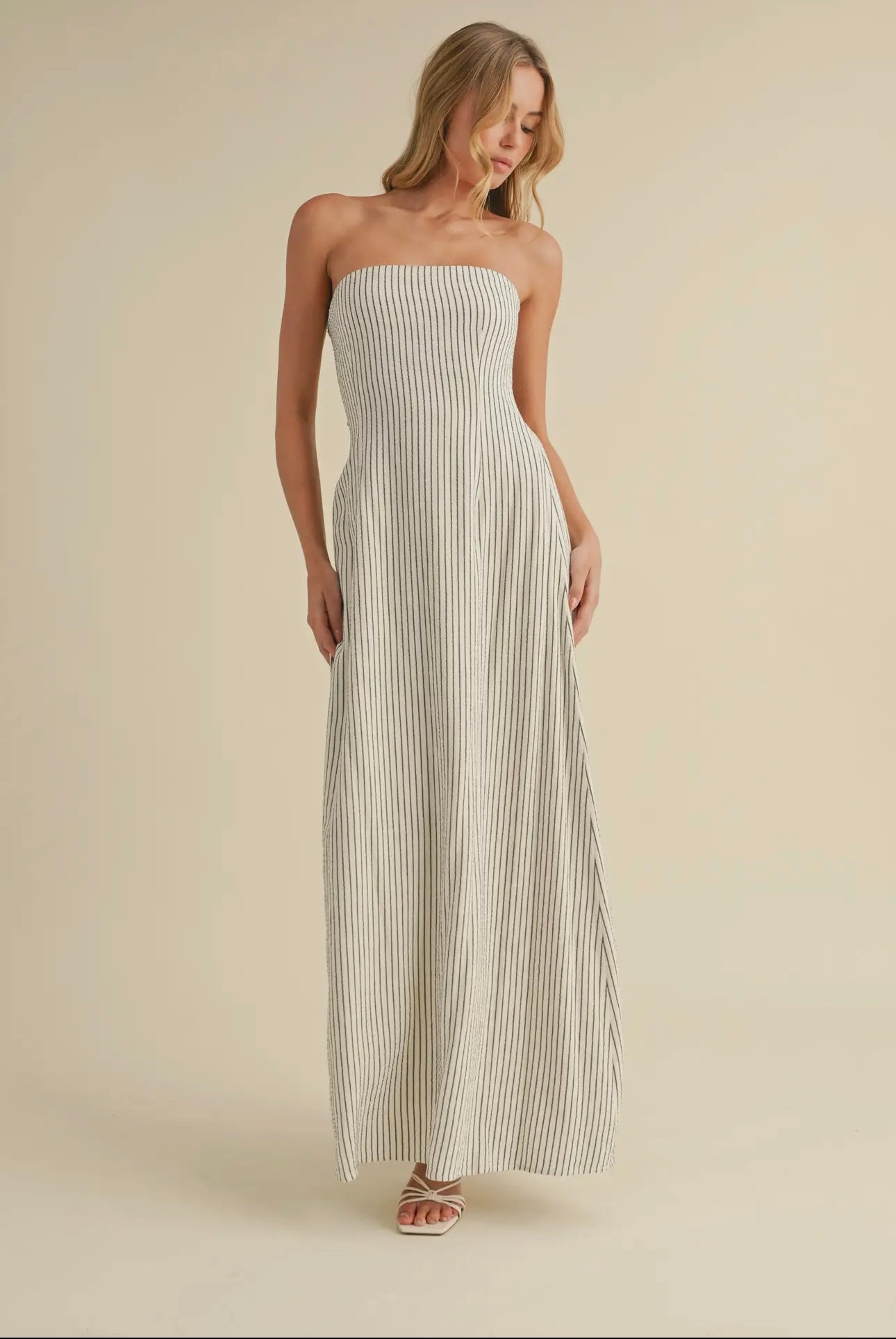 Linen Strapless Stripes Dress