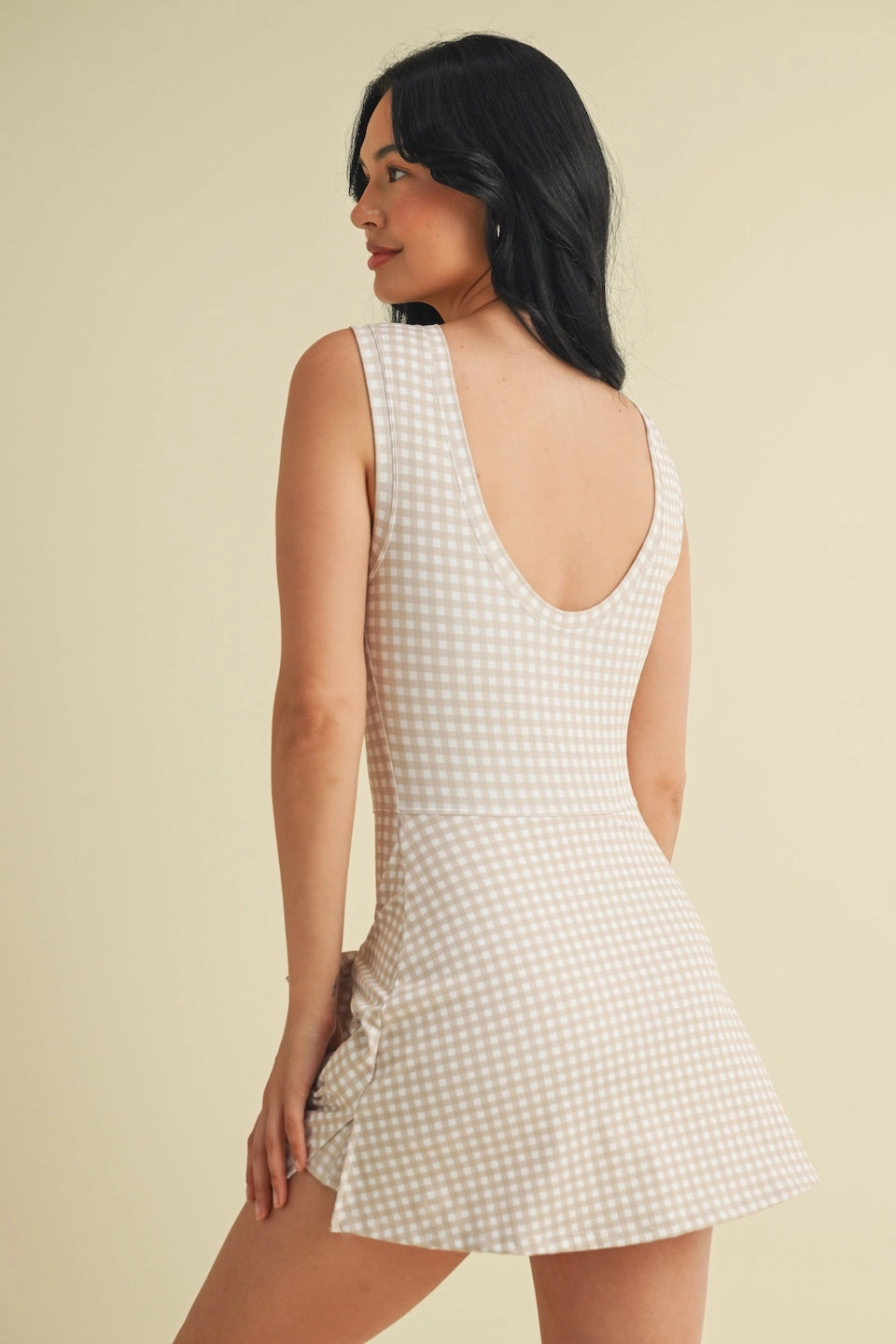 Beige Gingham Sleeveless Wrap Tie Front Dress