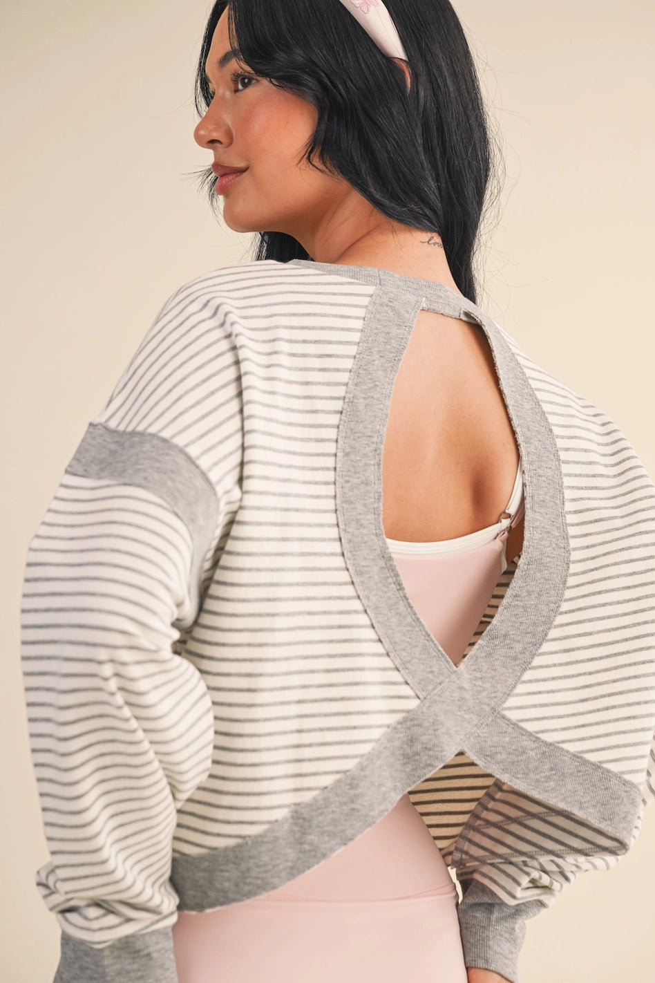 Oval Keyhole Long Sleeve Top- Grey Stripe