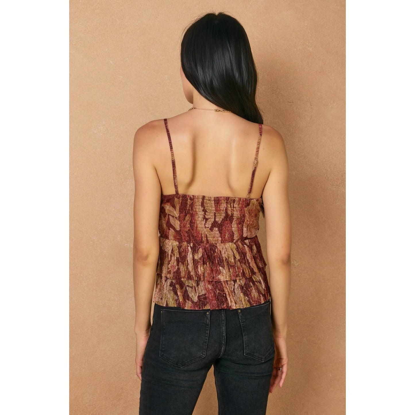 Autumn Shimmer Deep V-neck Pleated Top