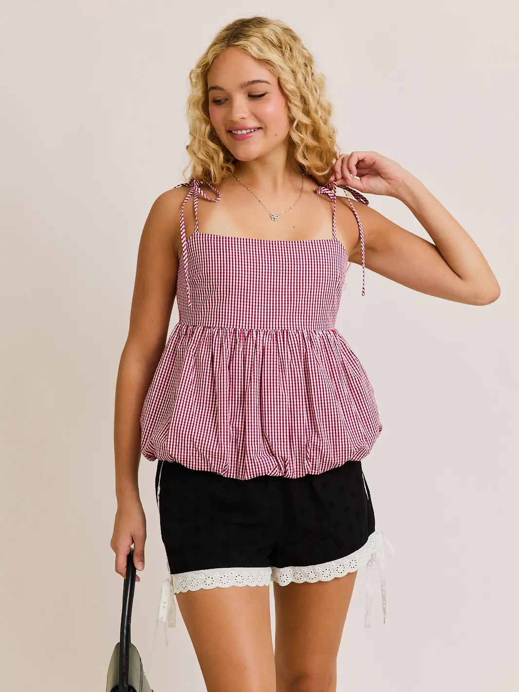 Gameday Gingham Bubble Hem Top- Red