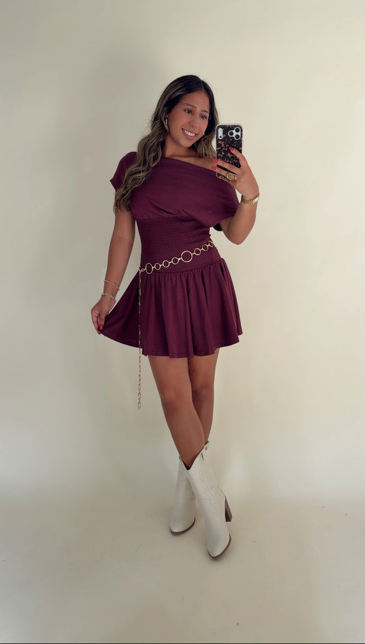 Smocked Waist Wine Dress