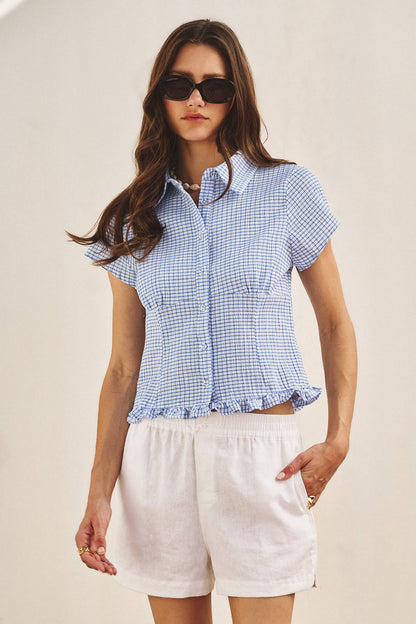 Gingham Short Sleeve Blouse-Blue