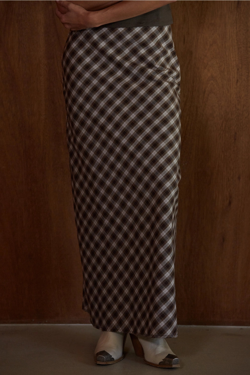 Chestnut Plaid Pencil Midi Skirt
