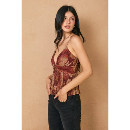 Autumn Shimmer Deep V-neck Pleated Top