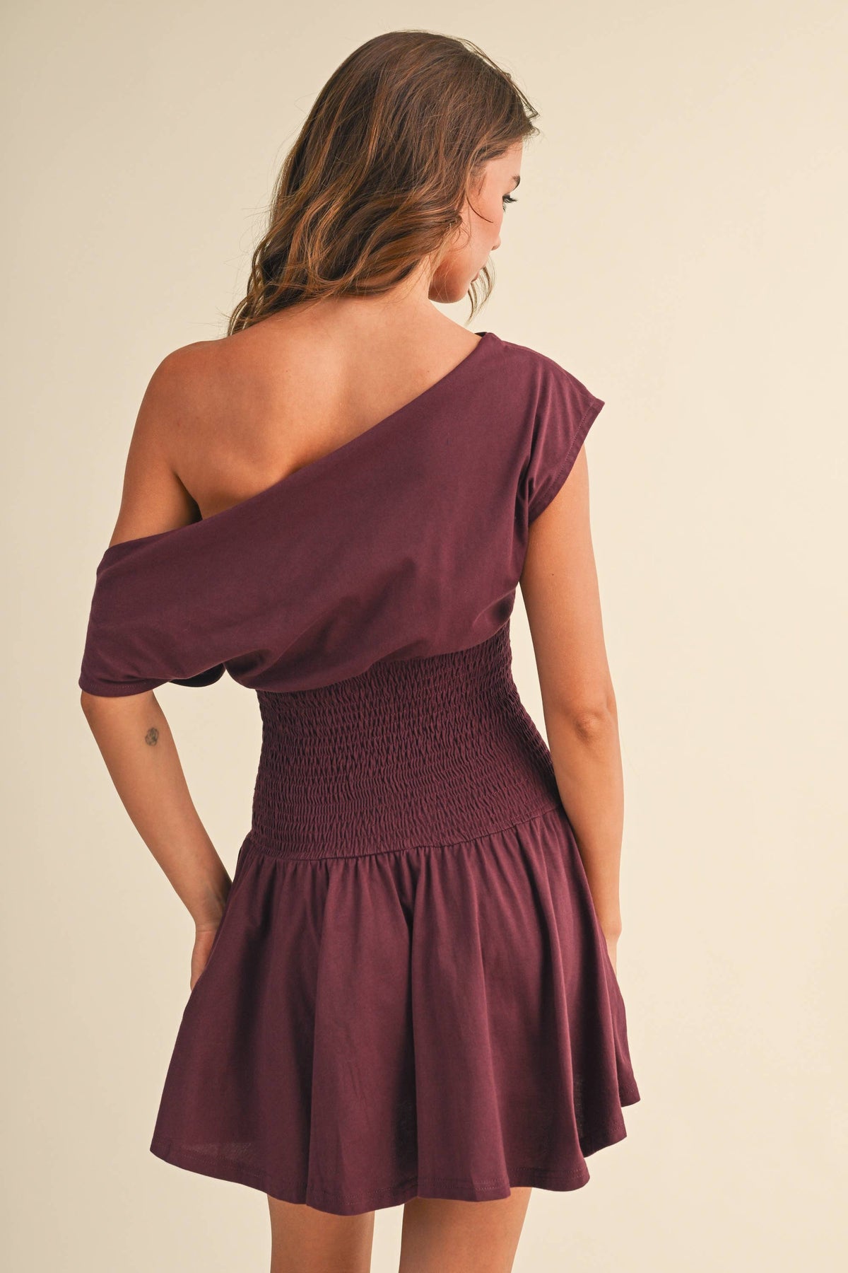 Smocked Waist Wine Dress