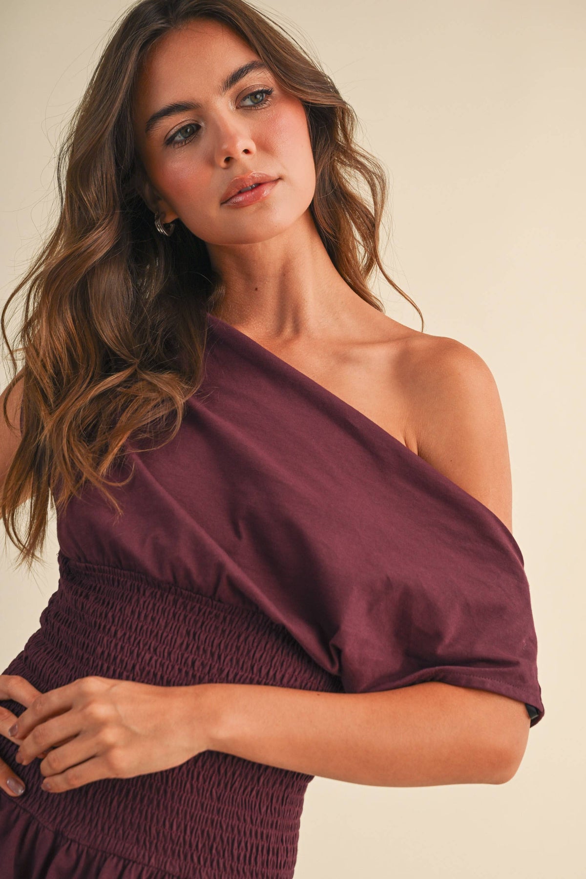 Smocked Waist Wine Dress