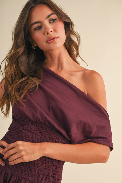 Smocked Waist Wine Dress