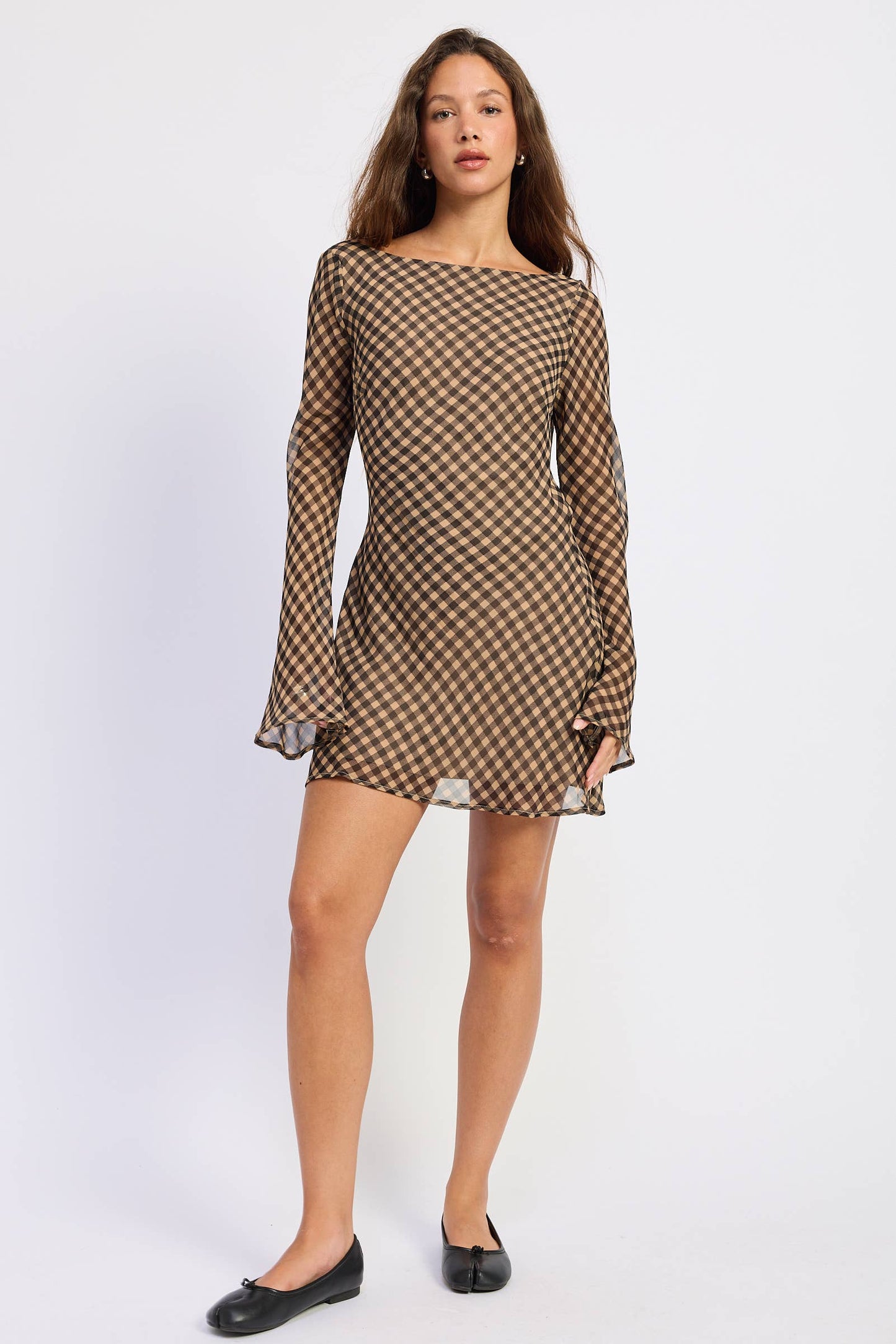 Black Gingham Bell Sleeve Dress