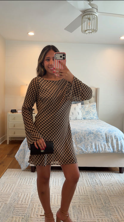 Black Gingham Bell Sleeve Dress