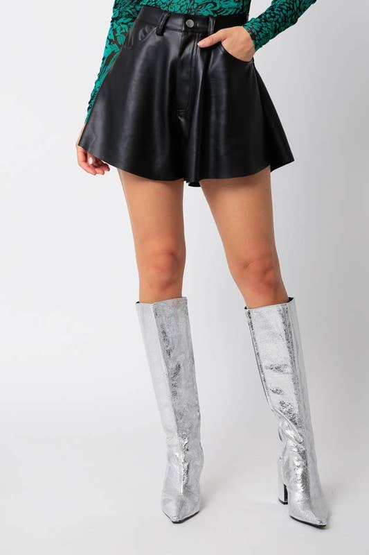 Black Flare Faux Leather Shorts
