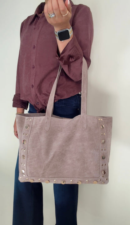 Studded Suede Tote- Smokey Taupe