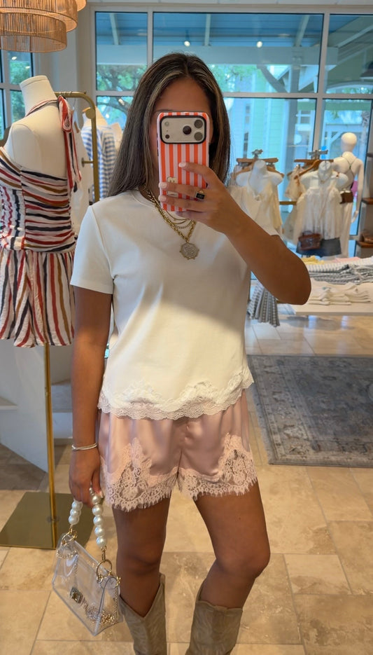Lace Trim Shorts- Blush
