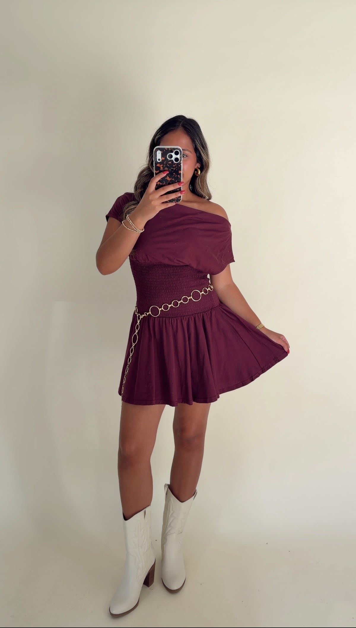 Smocked Waist Wine Dress