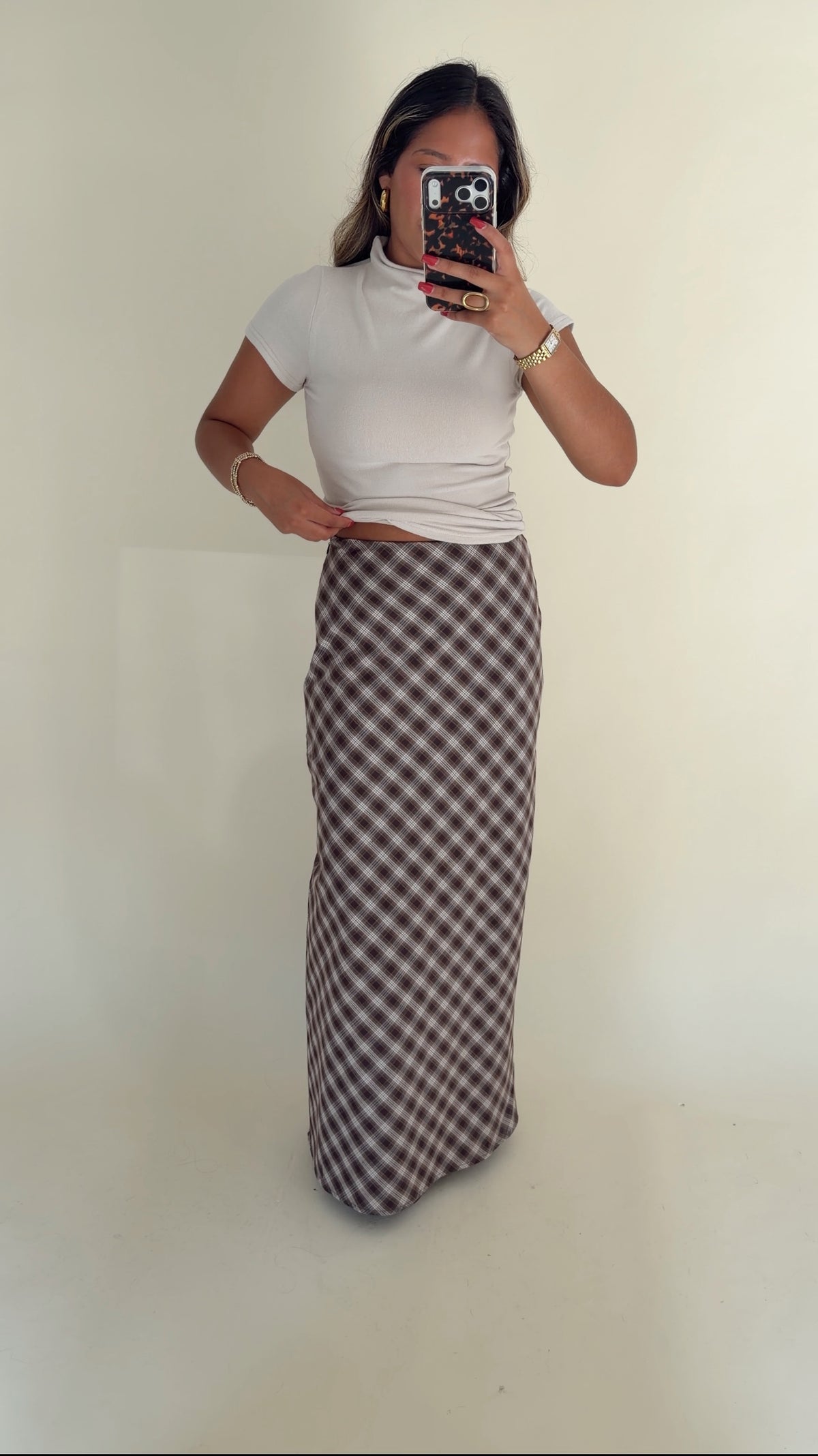 Chestnut Plaid Pencil Midi Skirt