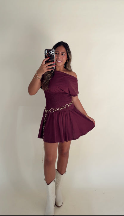 Smocked Waist Wine Dress