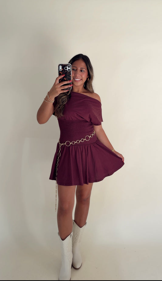 Smocked Waist Wine Dress