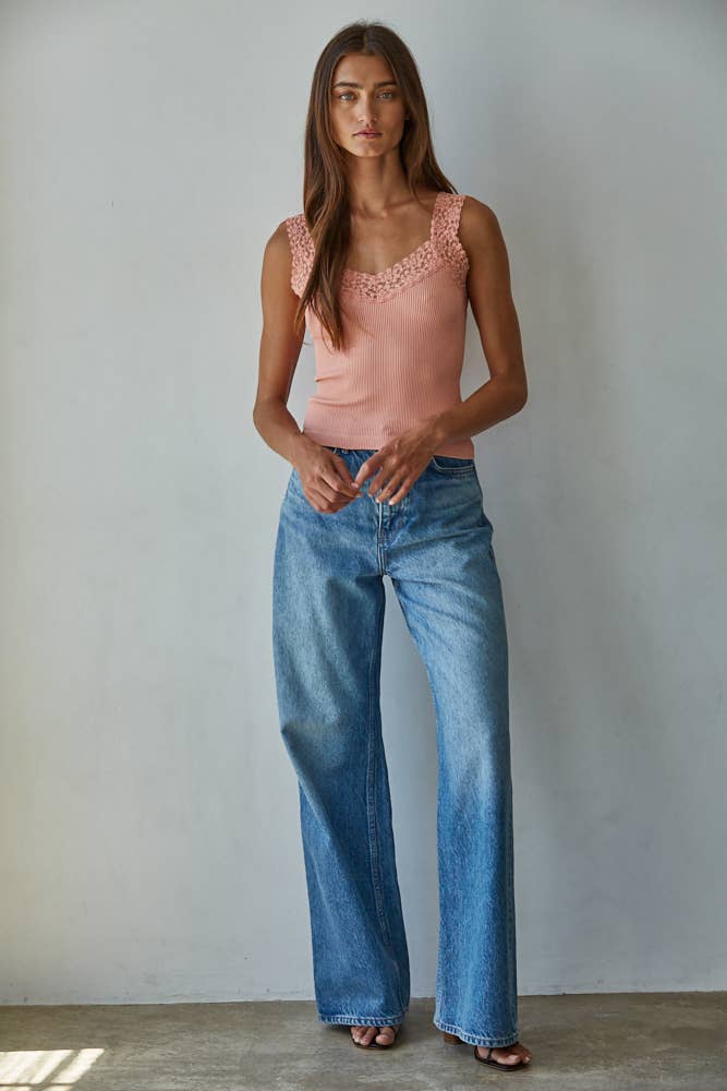 Lace Trim Ribbed Tank Top
