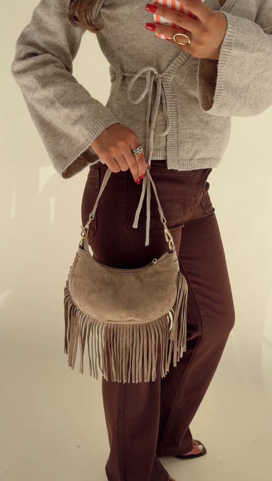 Smokey Taupe Fringe Suede Bag