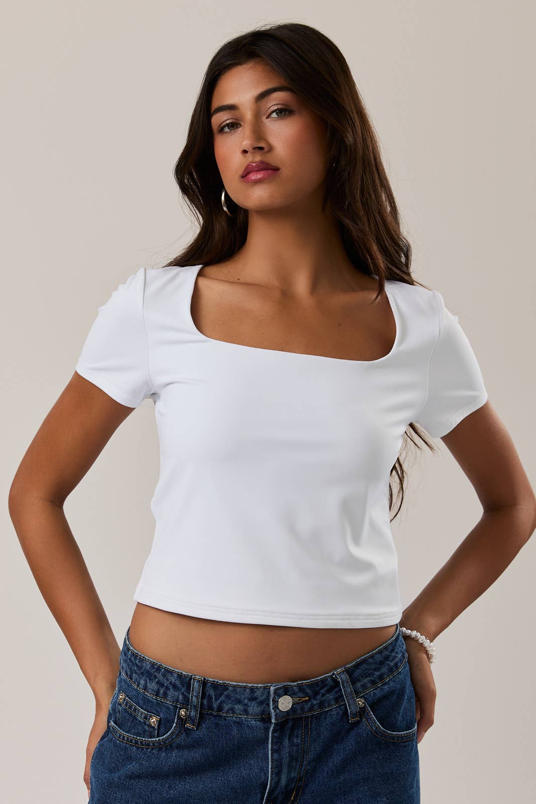 Square Neck Basic Tee- White