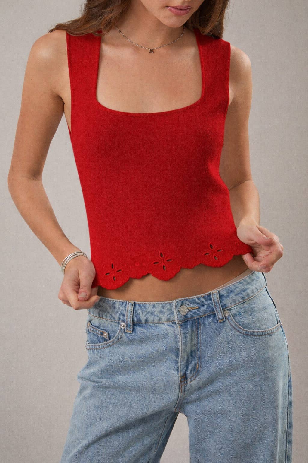 Eyelet Hem Top- Red