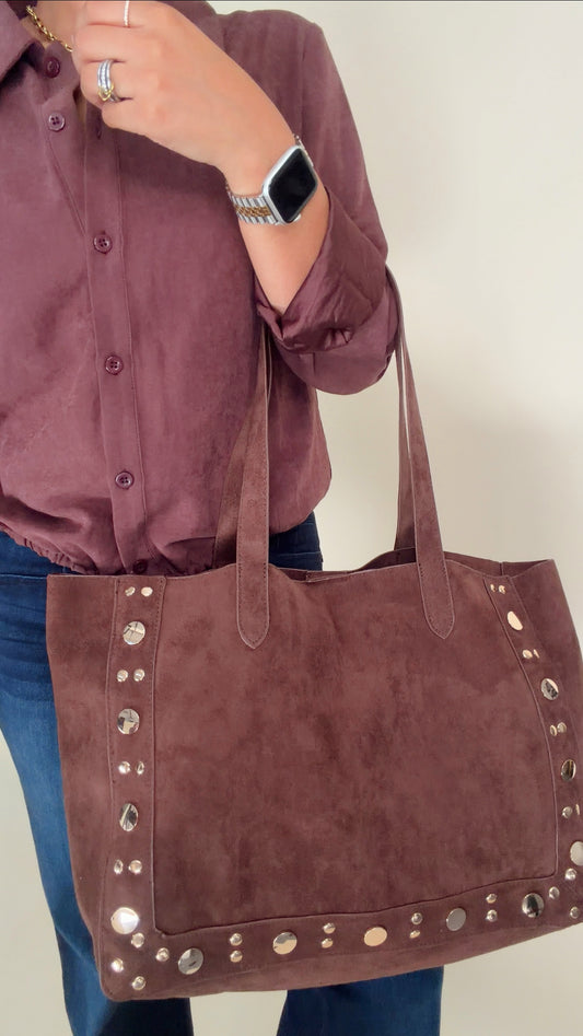 Studded Suede Tote- Chocolate