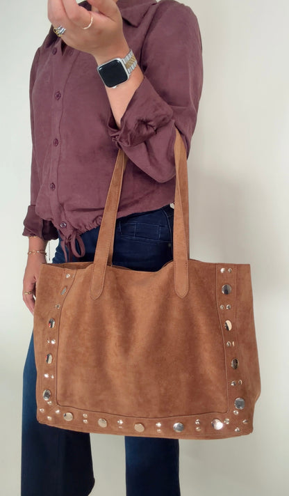 Studded Suede Tote- Camel