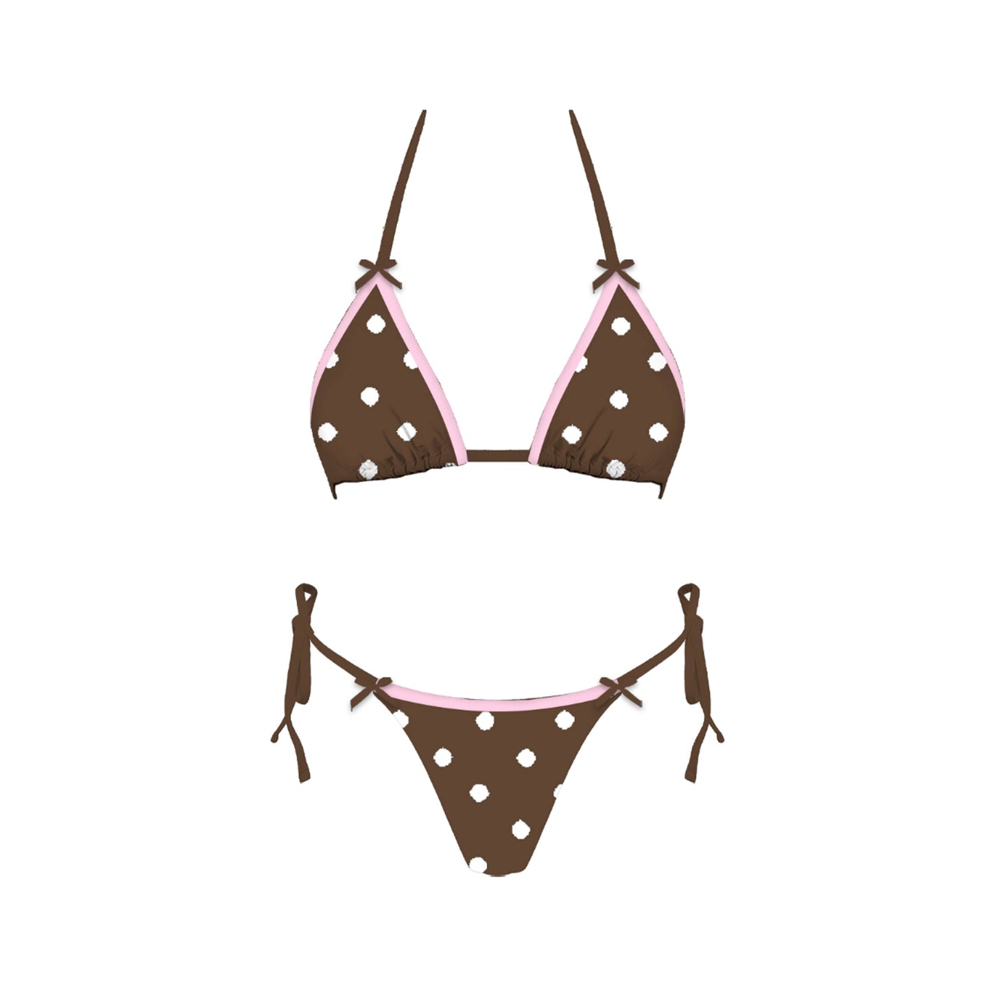 Brown polka dot bikini set on a white background