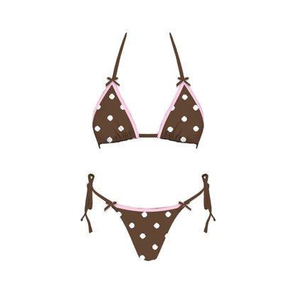 Brown polka dot bikini set on a white background