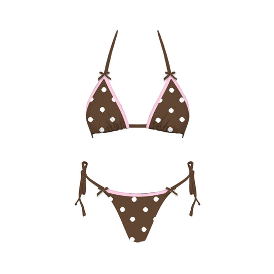 Brown polka dot bikini set on a white background