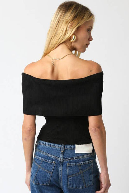 Black Off Shoulder Ribbed Top