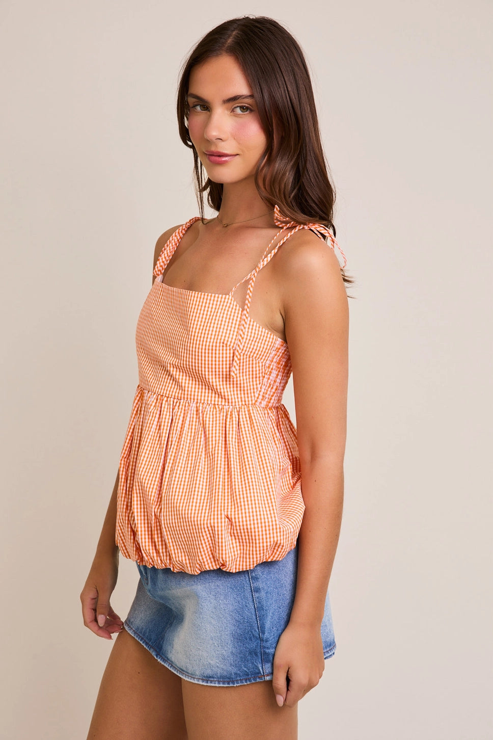Gameday Gingham Bubble Hem Top- Orange