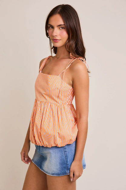 Gameday Gingham Bubble Hem Top- Orange