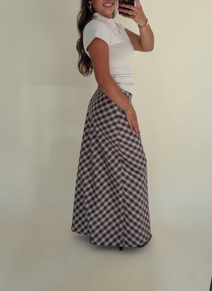 Chestnut Plaid Pencil Midi Skirt