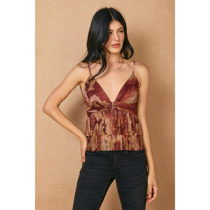 Autumn Shimmer Deep V-neck Pleated Top