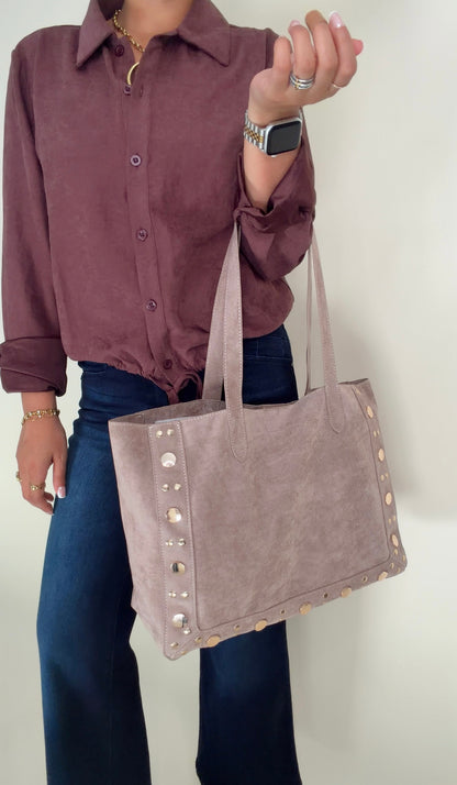 Studded Suede Tote- Smokey Taupe