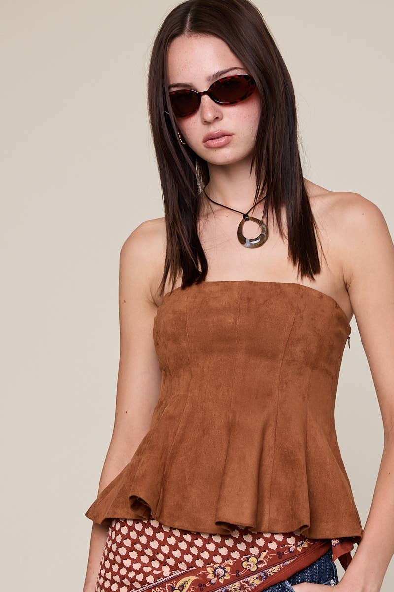 Suede Strapless Ruffle Top