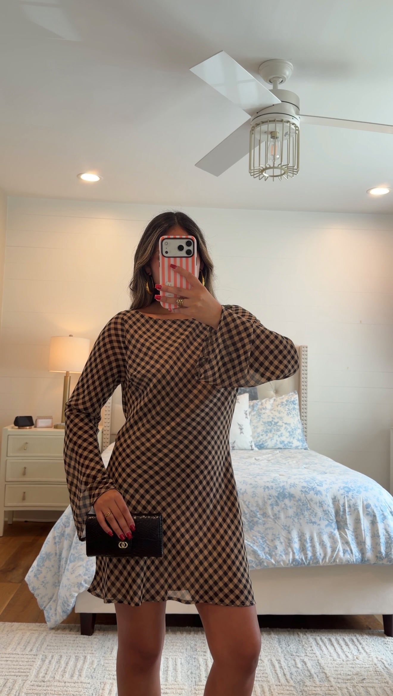 Black Gingham Bell Sleeve Dress