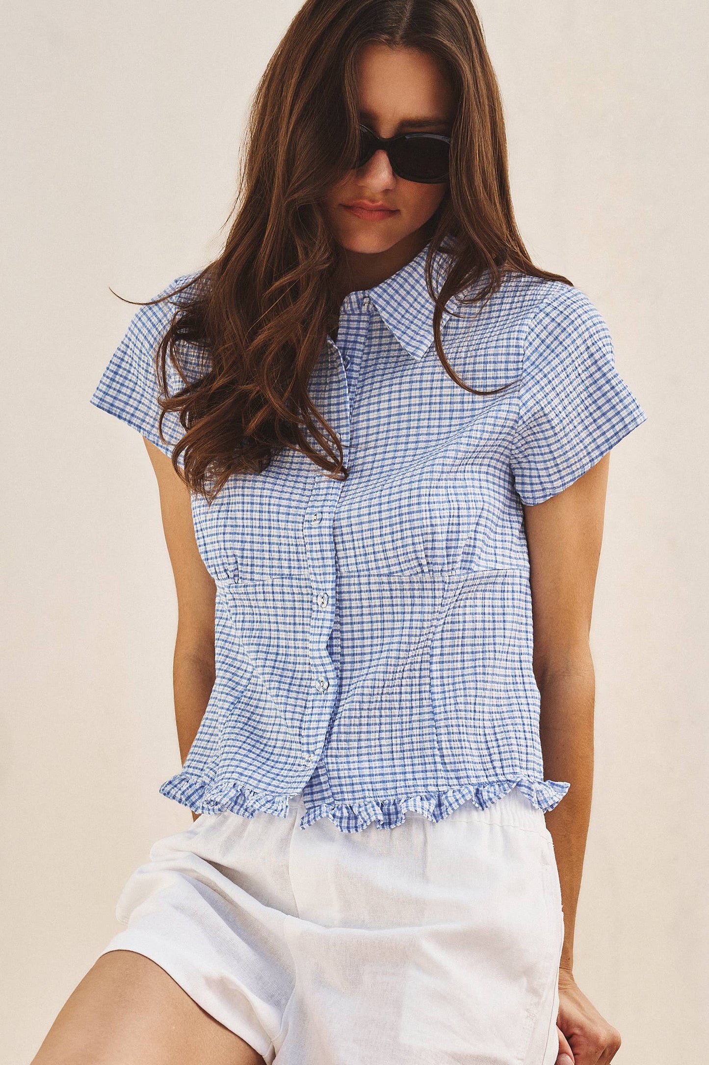 Gingham Short Sleeve Blouse-Blue