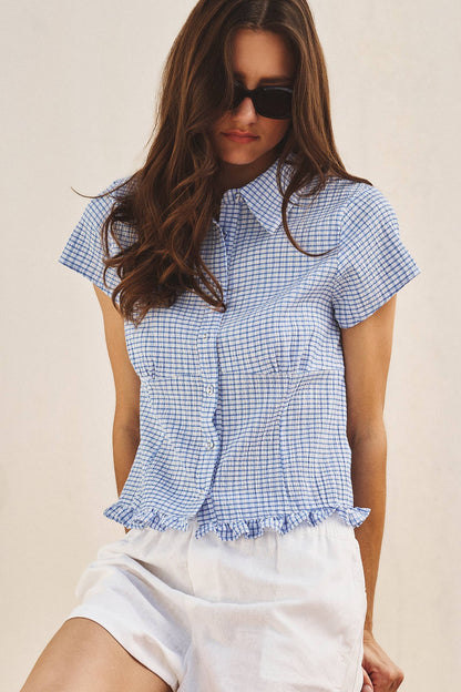 Gingham Short Sleeve Blouse-Blue