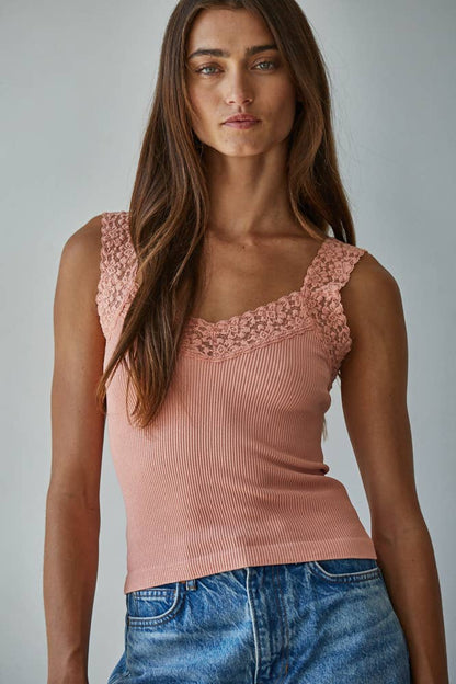 Lace Trim Ribbed Tank Top