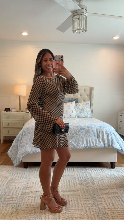 Black Gingham Bell Sleeve Dress